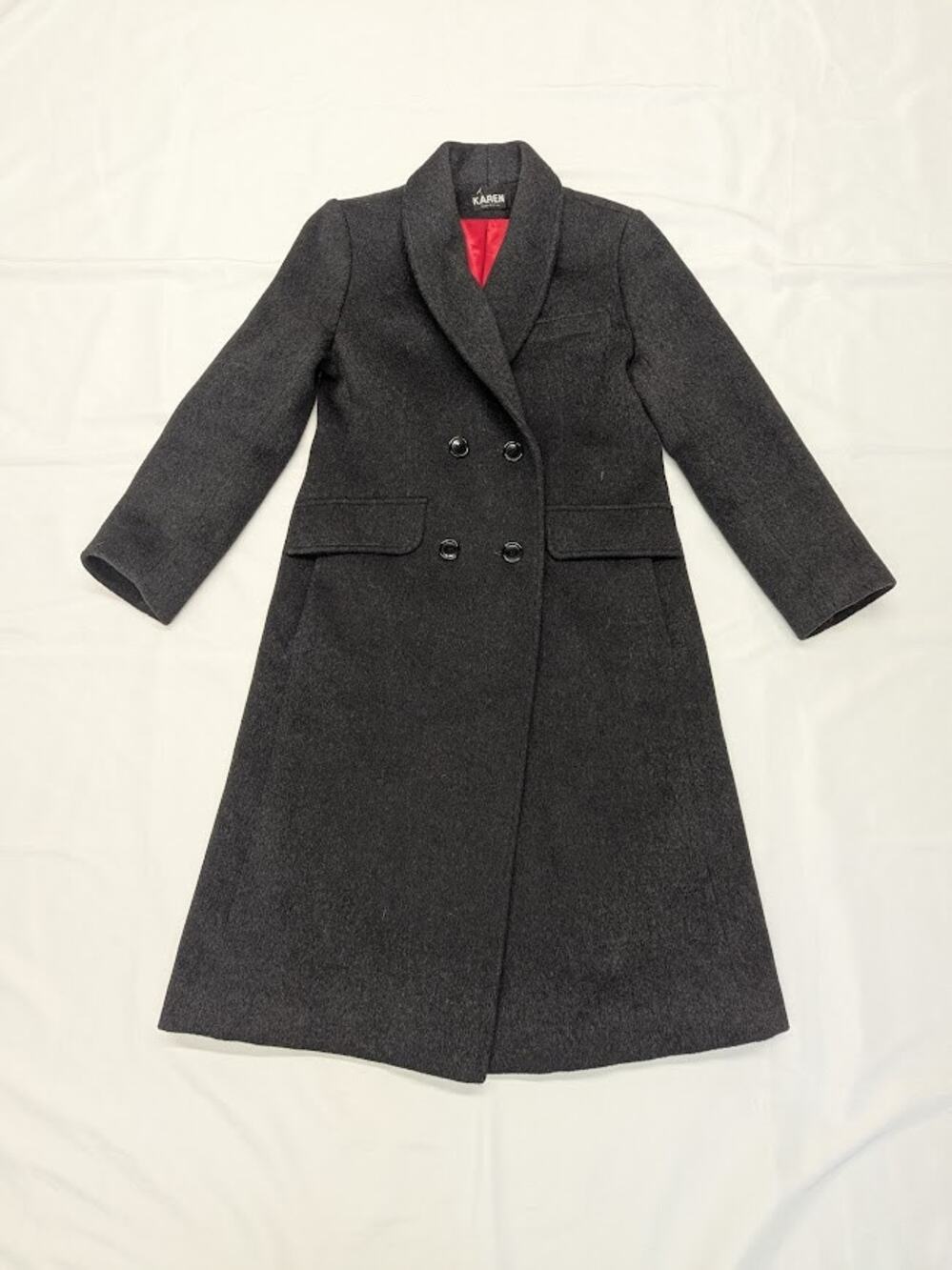 Vtg Karen Long Wool Cashmere trench Coat with Red Lining Womens Small